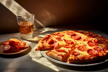Generative AI illustration of ham and cheese pizza served on a white ceramic plate, accompanied by a glass of tea and a plate with slices of cherry tomatoes