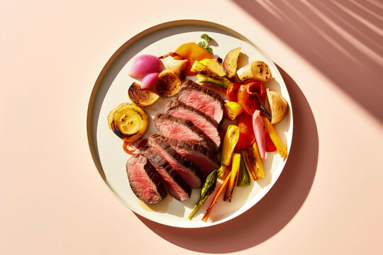 Generative AI illustration of top view of a plate with a succulent roast beef, precisely sliced and served alongside a medley of roasted vegetables and potatoes placed on table