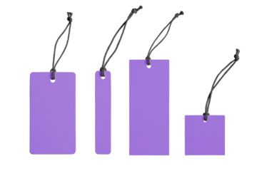 Various shape of blank purple paper label or cloth tag set isolated on white, transparent background, PNG. Price tag mockup template with copy space for brand, information. Shopping, black friday sale