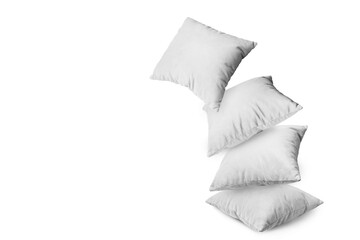 Stack of white pillows isolated on white, transparent background, PNG. Pile of  decorative cushions for sleeping and resting, home interior, house decor.