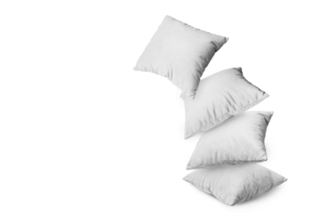 Stack of white pillows isolated on white, transparent background, PNG. Pile of  decorative cushions for sleeping and resting, home interior, house decor.