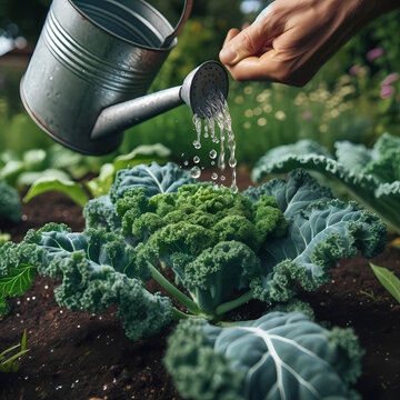 A close-up image of a hand pouring water from a watering can onto a kale plant in a garden. The kale plant is vibrant green with curly leaves