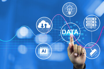 Businessman hand touch on data server and cloud technology system to monitoring download or upload for business activity