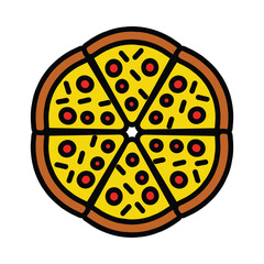 Slice of pizza icon, logo, Italian pepperoni, top view, vector illustration isolated on white background