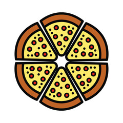 Slice of pizza icon, logo, Italian pepperoni, top view, vector illustration isolated on white background