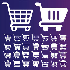 Set of shopping cart icon, white logo vector illustration isolated on dark background 