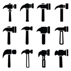 Set of claw hammer icon, black logo, silhouette hammer, handyman tool for home repair, construction, vector illustration isolated on white