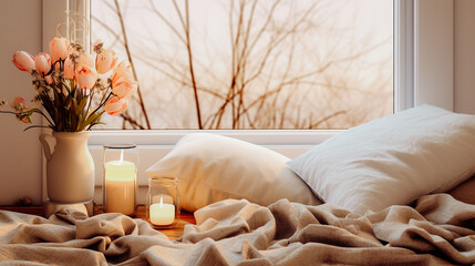 Intérieur de chambre, avec couverture sur le lit avec bougies allumées et bouquet de fleur