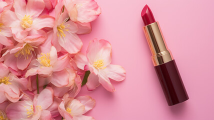 Obraz na płótnie Canvas lipstick and flowers on pink background, AI Generative.