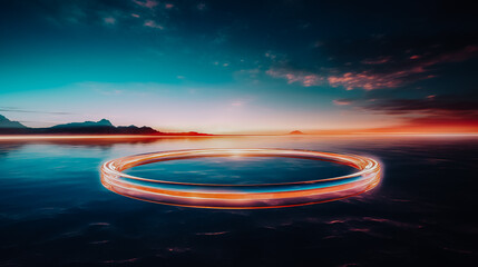 Cercle lumineux posé sur l'eau , scène futuriste abstraite