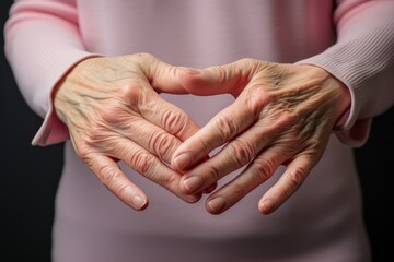 An elderly woman shows the condition of her hands affected by rheumatoid arthritis.