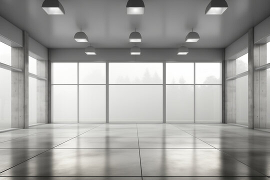 Empty modern hall in minimalistic style with lots of light and windows and free space for product or text.