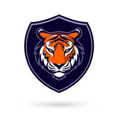 A tiger logo in Shield on a white background, in the style of dark violet and light orange, - 683110641