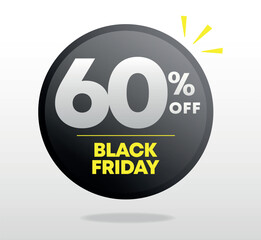 60% off. Black friday sale tag, ads. Special offer, discount, promotion. Market, shopping. Sign, label, banner, marketing. Vector, design, set