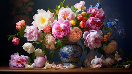 bouquet of various colored peonies arranged in an antique vase, AI Generative.