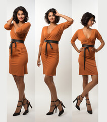 Multiple poses and expressions of a pretty Indian woman who is 25 years old, wearing a knee length and heels, Generative AI
