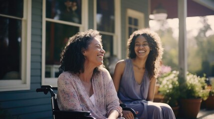 Young African American daughter with disabled mature Caucasian mother on sunny day outdoors on porch, Mixed race female family relaxing - obrazy, fototapety, plakaty