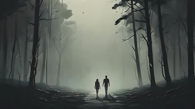 Minimal flat motion of a person walking through a dark and stormy forest, symbolizing the uncertainty and emotional turmoil that can occur in a rollercoaster 2D cartoon animation. .