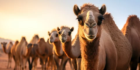 Foto op Plexiglas Close-up view of camels lined up in the desert. © maniacvector