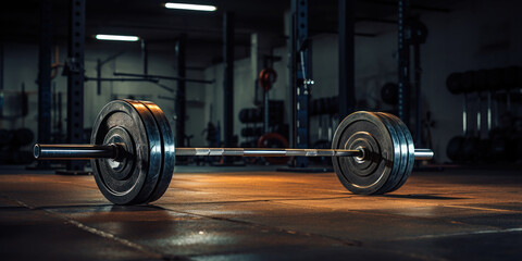 A weighted barbell placed on the floor. - obrazy, fototapety, plakaty