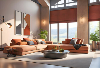 Fototapeta premium modern room design with white sofa and terracotta pillows and blanket, cozy calm atmosphere of a beautiful home, modern space design,