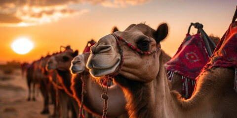 A line of camels standing close together in a sandy desert. - obrazy, fototapety, plakaty