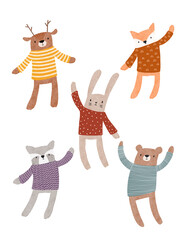 Whimsical animal characters playful illustration with deer, fox, bunny, raccoon, bear. Woodland animals in sweaters