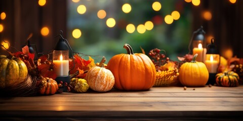 Wooden table adorned with pumpkins and autumn foliage.