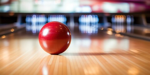 A bowling ball showcased in a bowling lane.