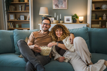 Couple caucasian man and woman sit at home on sofa bed watch tv movie - obrazy, fototapety, plakaty