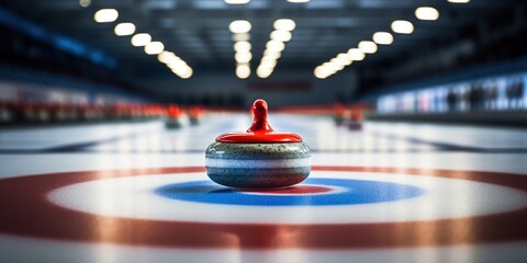 curling stone positioned in the middle of a curling rink. - obrazy, fototapety, plakaty