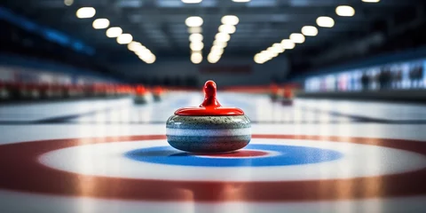 Fotobehang curling stone positioned in the middle of a curling rink. © maniacvector
