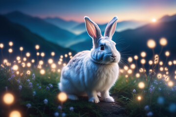 majestic rabbit, magical rabbit in natural bokeh background