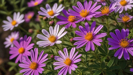 purple and white flowers,
michaelmas daisy aster purple flower,
garden, blooming, petals, flora, botanical, 