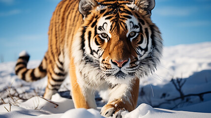 Obraz premium Beautiful wild siberian tiger portrait on snow with blue eye, AI Generative.