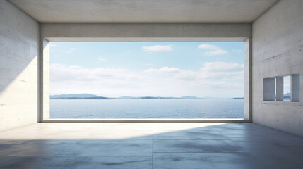 An empty brutalism concrete room with a view of the ocean