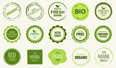 Vector set of organic product badges. GMO-free. Food product label sticker icons. Natural, healthy meal badge emblems. Vector illustration