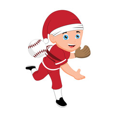 Cartoon young man throwing the ball for a baseball and softball game, wearing a Santa Claus costume