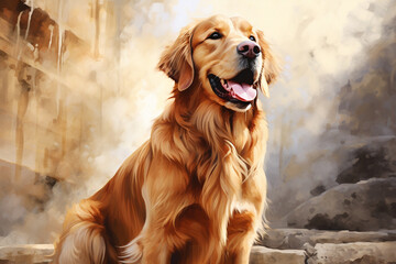 A painting of a golden retriever sitting