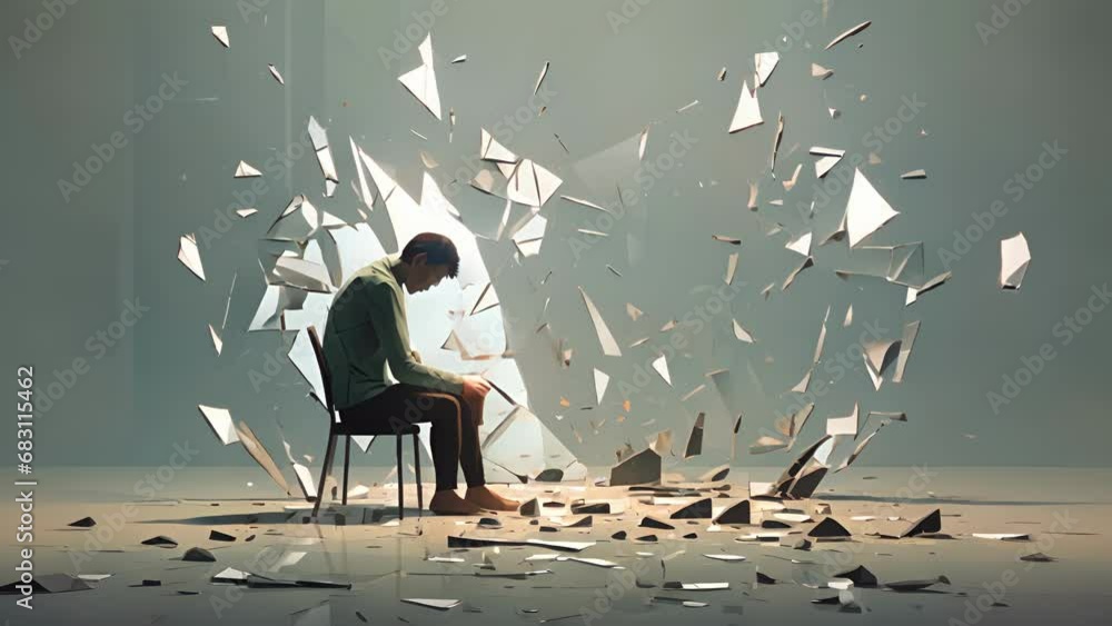 Poster minimal flat motion of a person sitting in front of a shattered mirror, each broken fragment represe