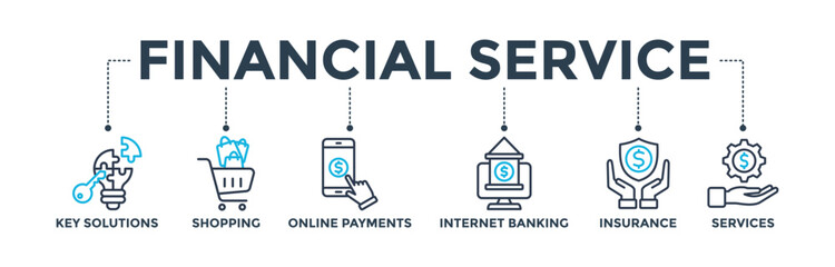 Financial service concept with icon of key solutions, shopping, online payments, internet banking, insurance and services. Banner web icon vector illustration 