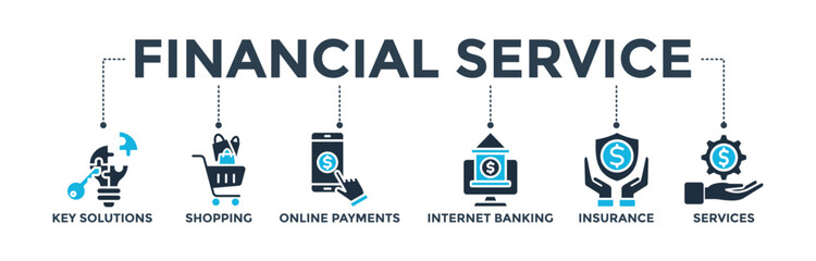 Financial service concept with icon of key solutions, shopping, online payments, internet banking, insurance and services. Banner web icon vector illustration 