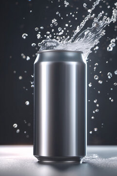 3D Metal cans for sweet soda or lemonade with splash and liquid drops on clear background. Realistic mockup empty aluminium can, silver bottles for fizzy drink with fruit juice. 3D render, ads