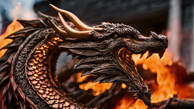 Closeup fire sculpture representing majestic dragon, with intricate patterns details carved into wood flickering flames.