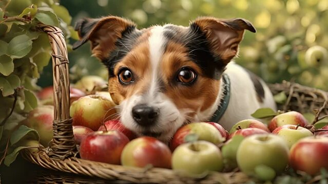 Closeup animation of a mischievous Jack Russell terrier, peeking out from a basket of freshly picked apples. .