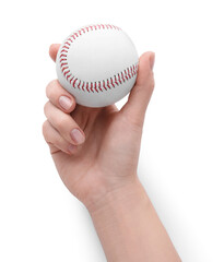 Woman with baseball ball on white background, closeup