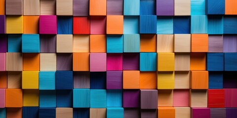 Multicolored wooden blocks neatly lined up in a broad format. - obrazy, fototapety, plakaty