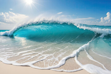 sea wave on the beach under sunny blue sky. Summer holiday tropical island. 