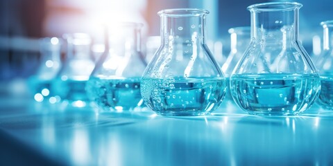 Blue liquid in lab glassware on a scientific laboratory desk.