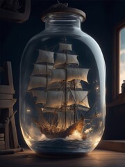 Pirate ship inside a glass jar, generative AI